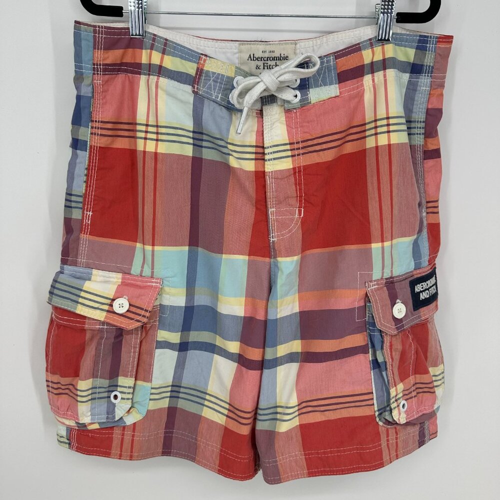Abercrombie & Fitch Vintage Y2K Plaid Cargo Board Shorts L Mens‎ Swim Trunks
